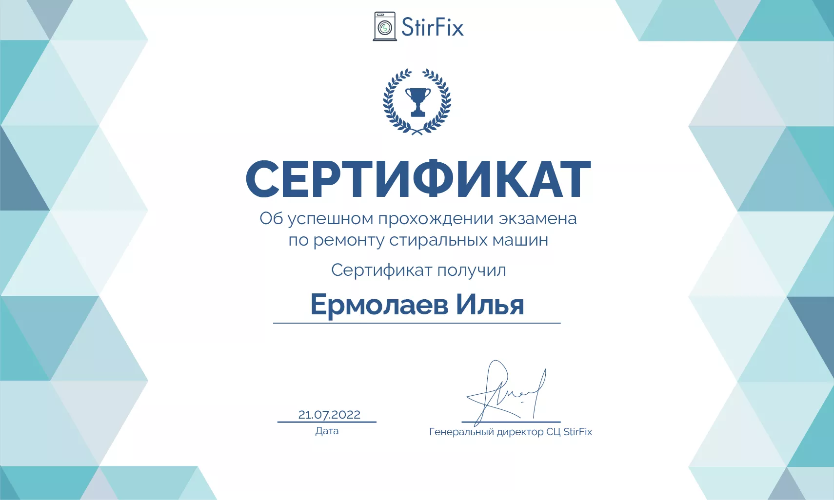 Ермолаев Илья сертификат мастера по ремонту стиральных машин
