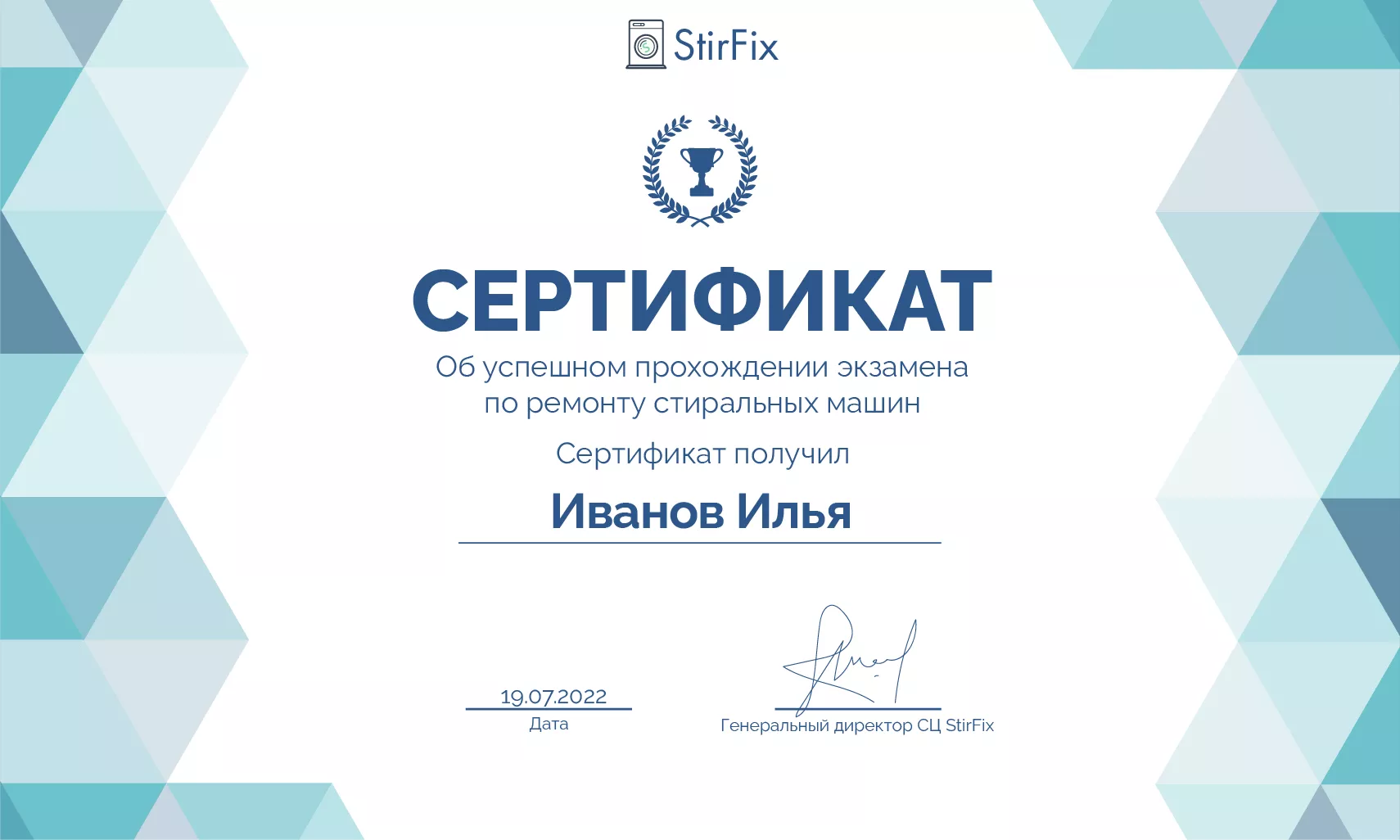 Иванов Илья сертификат мастера по ремонту стиральных машин