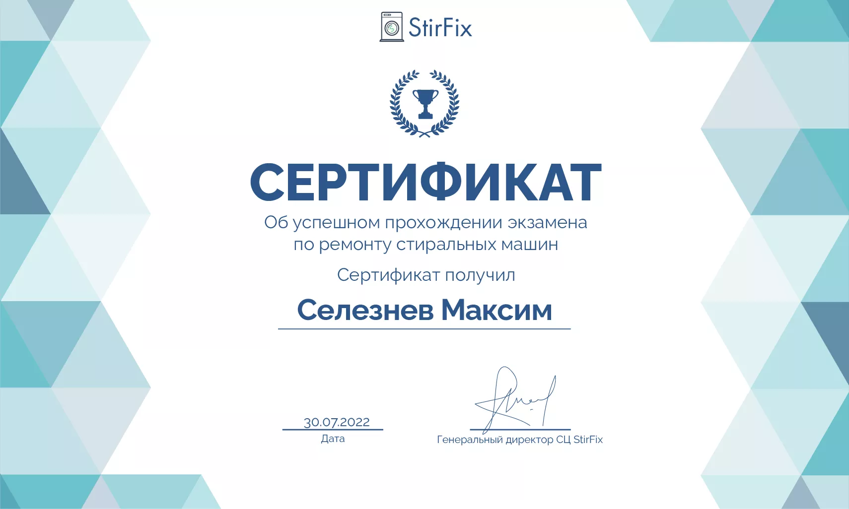 Селезнев Максим сертификат мастера по ремонту стиральных машин